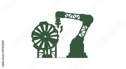 Industrial Robot Arm Assembling Mechanical Wheel Silhouette.