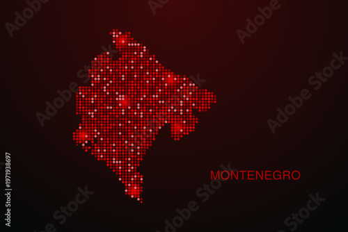Montenegro Map - Digital dotted map with glowing red points on dark background, modern technology style, abstract data network design, clean minimal vector illustration.