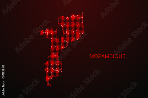 Mozambique Map - Digital dotted map with glowing red points on dark background, modern technology style, abstract data network design, clean minimal vector illustration.
