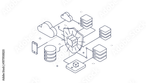 Isometric Illustration of Secure Data Network and Cloud Computing.