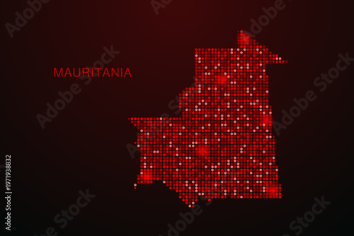 Mauritania Map - Digital dotted map with glowing red points on dark background, modern technology style, abstract data network design, clean minimal vector illustration.