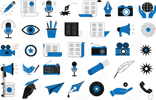 Journalism and mass media vector icons for news reporting services