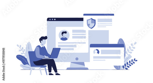 Man working on laptop with computer screen and security shield.