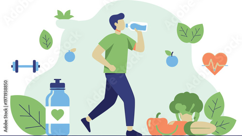 Wellness Journey: An animated image showcasing an individual engaged in various wellness activities. A holistic approach to health and happiness through exercise, hydration, and nutrition. 
