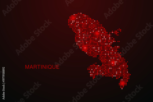 Martinique Map - Digital dotted map with glowing red points on dark background, modern technology style, abstract data network design, clean minimal vector illustration.