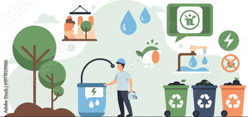 Eco-conscious Practices Illustrated: This vibrant illustration captures a comprehensive view of environmental conservation, highlighting water conservation, waste recycling, green energy.