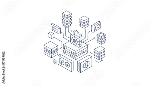 Isometric Illustration of Secure Data Network and Digital Protection.