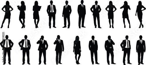 Silhouettes of diverse business professionals and corporate team members in formal suits standing in rows isolated on white background for leadership and teamwork concepts