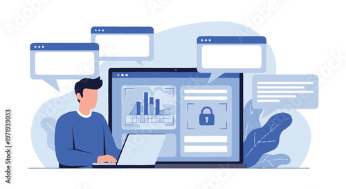 Man working on laptop with data analysis and security interface.