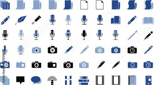 Large collection of blue and black media production vector icons