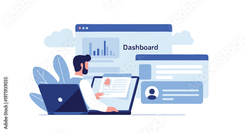 Man working on laptop with dashboard and data analysis illustration.