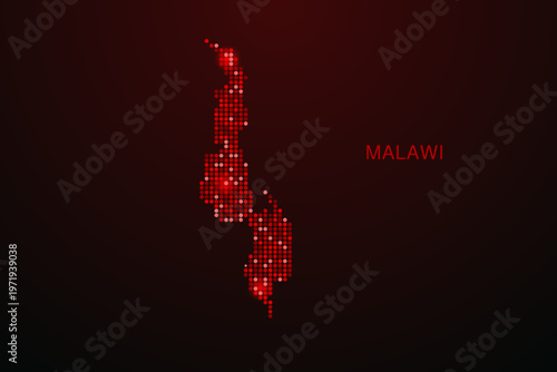 Malawi Map - Digital dotted map with glowing red points on dark background, modern technology style, abstract data network design, clean minimal vector illustration.
