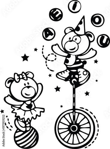 vector sketch illustration silhouette design caricature of circus bear playing stage show attraction