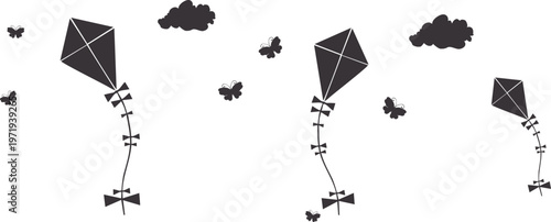 vector sketch illustration silhouette design caricature image of child abstract background kite with tail flying in the sky