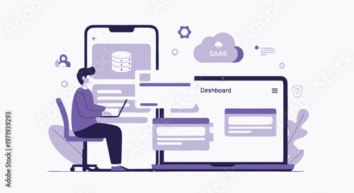 Man working on laptop with mobile phone and cloud data dashboard.