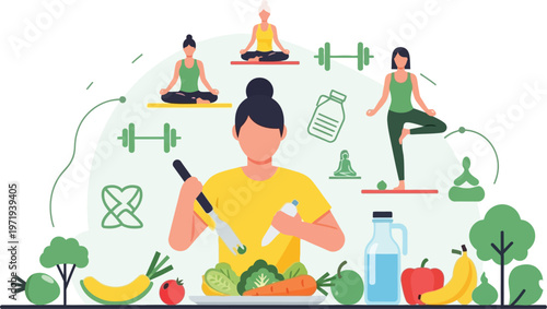 Healthy Living: A vibrant illustration showcasing the components of a healthy lifestyle, where a woman prepares nutritious food, practices yoga, and incorporates exercise into her routine.