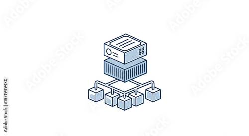 Isometric Server Rack with Multiple Connected Nodes Illustration.