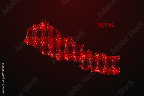 Nepal Map - Digital dotted map with glowing red points on dark background, modern technology style, abstract data network design, clean minimal vector illustration.