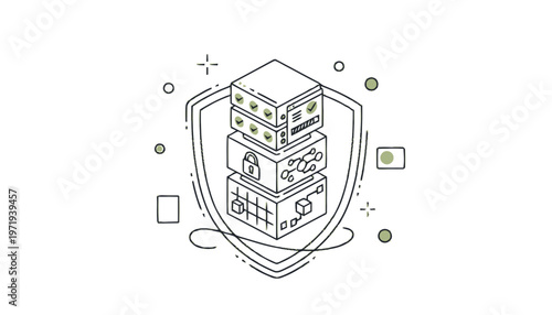 Isometric Illustration of Secure Data Server with Shield Protection.