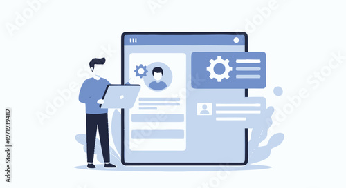 Man with Laptop Configuring Settings on a Large Tablet Display.