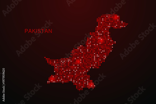 Pakistan Map - Digital dotted map with glowing red points on dark background, modern technology style, abstract data network design, clean minimal vector illustration.
