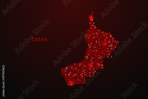 Oman Map - Digital dotted map with glowing red points on dark background, modern technology style, abstract data network design, clean minimal vector illustration.
