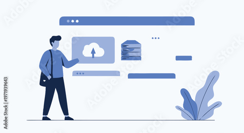 Man Uploading Data to Cloud Server, Modern Technology Illustration.