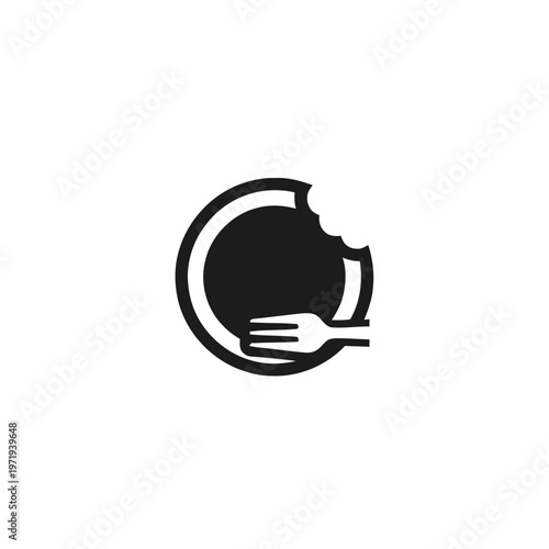 Minimalist Bitten Plate with Fork Illustration in Black and White.