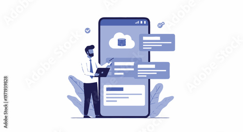 Man working on laptop with mobile phone cloud computing concept.