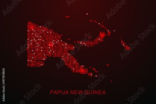 Papua New Guinea Map - Digital dotted map with glowing red points on dark background, modern technology style, abstract data network design, clean minimal vector illustration.
