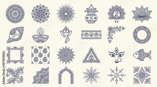 A set of flat vector icons representing Bengali New Year celebrations with various traditional symbols and decorations.