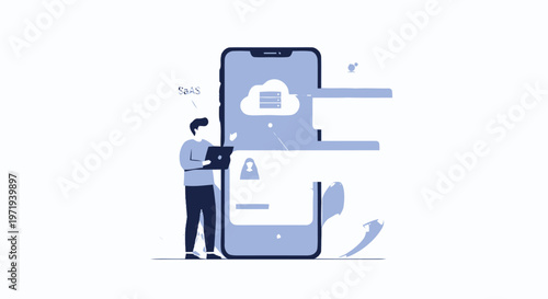 Man working on laptop with mobile phone and cloud storage.