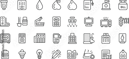 Household utility icons set, plug, radiator, water droplet, tea bag, thermometer, faucet, calculator, microwave, syringe, oven, speaker, vector