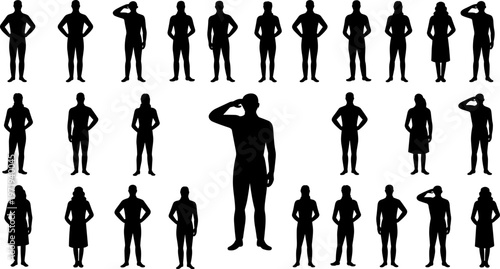 Collection of people silhouettes standing in different poses, saluting and hands on hips, diverse male and female flat vector illustration.