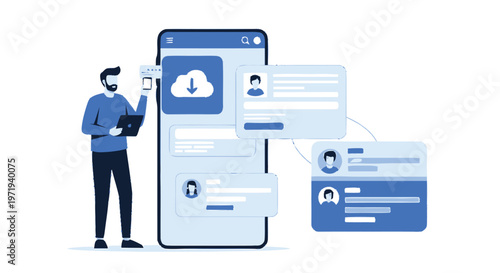 Man Uploading Data to Cloud Server on Mobile Phone Application.