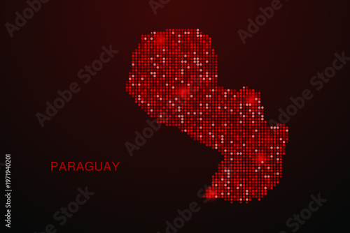 Paraguay Map - Digital dotted map with glowing red points on dark background, modern technology style, abstract data network design, clean minimal vector illustration.