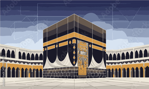 Digital illustration of the Sacred Mosque courtyard with a central black and gold cubic shrine building