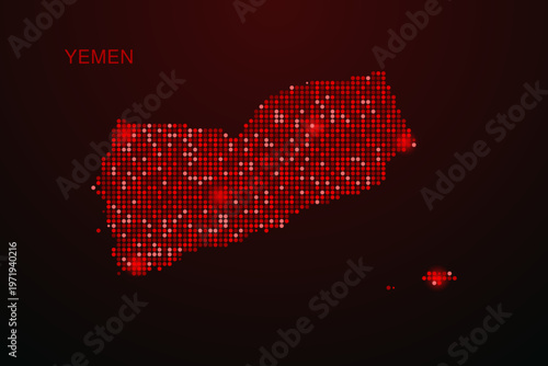 Yemen Map - Digital dotted map with glowing red points on dark background, modern technology style, abstract data network design, clean minimal vector illustration.