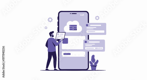 Man with Laptop Interacting with Cloud Data on Smartphone.