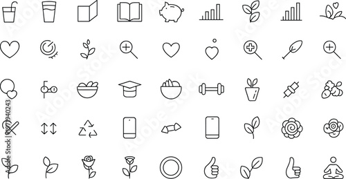 Lifestyle icons, health symbols, wellness design, fitness dumbbell, graduation cap, piggy bank, mobile phone, syringe, meditation person, rose, chart, plate