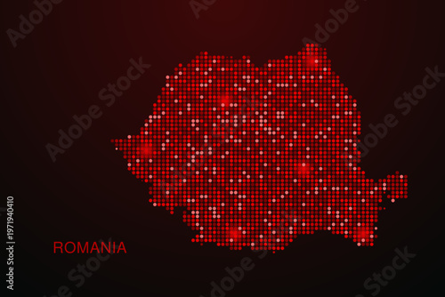 Romania Map - Digital dotted map with glowing red points on dark background, modern technology style, abstract data network design, clean minimal vector illustration.