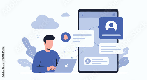 Man working on laptop with mobile phone notifications and alerts.