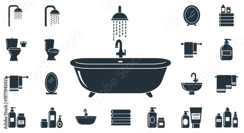 Bathroom Icons Set: Bathtub, Toilet, Sink, Shower, Mirror, Towels, Bottles