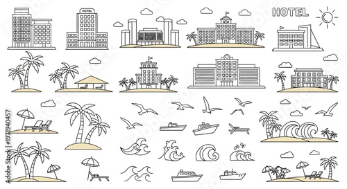 Beach Hotel Icons: Buildings, Palm Trees, Waves, and Boats - Line Art Collection