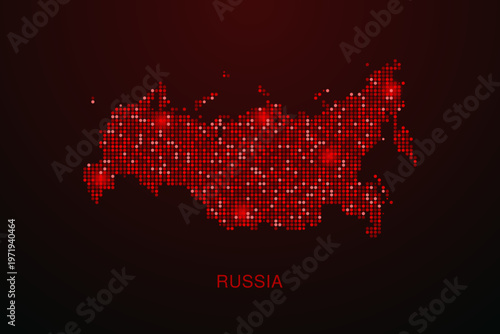 Russia Map - Digital dotted map with glowing red points on dark background, modern technology style, abstract data network design, clean minimal vector illustration.