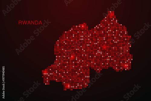 Rwanda Map - Digital dotted map with glowing red points on dark background, modern technology style, abstract data network design, clean minimal vector illustration.
