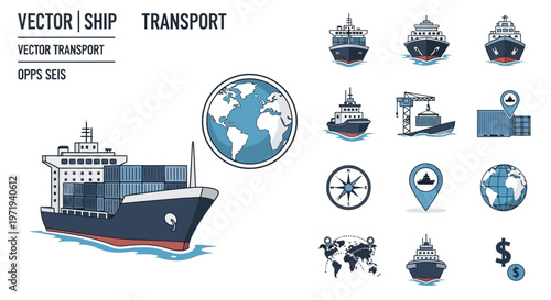 Cargo Ship and Global Transport Icons Vector Set