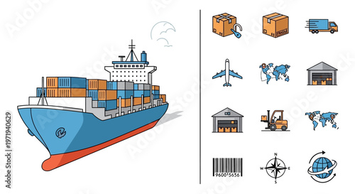 Cargo Ship and Logistics Icons: Shipping, Delivery, Transport, Global Trade