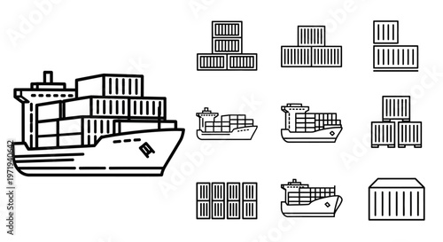 Cargo Ship and Shipping Containers Icons Set