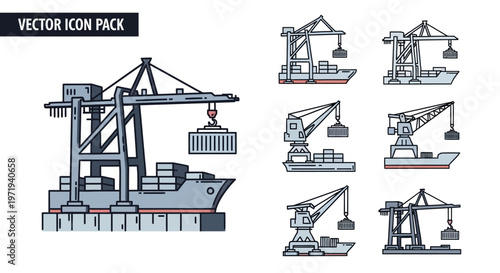 Cargo Ship Crane Icons: Container Loading and Unloading at Port